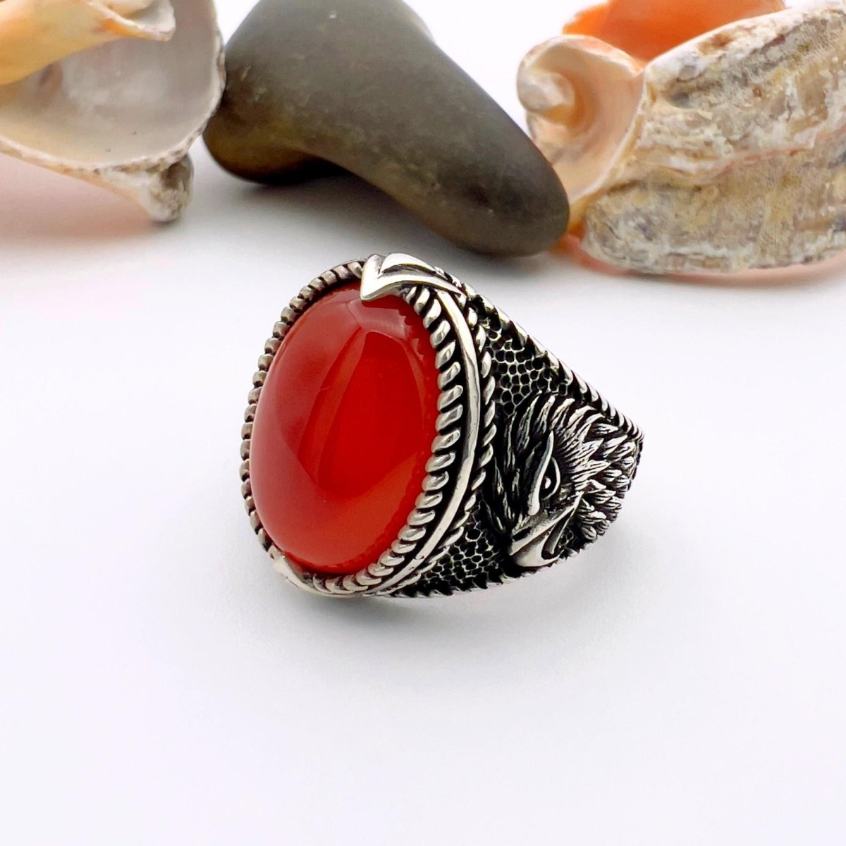 Men's Red Agate Stone Silver Ring