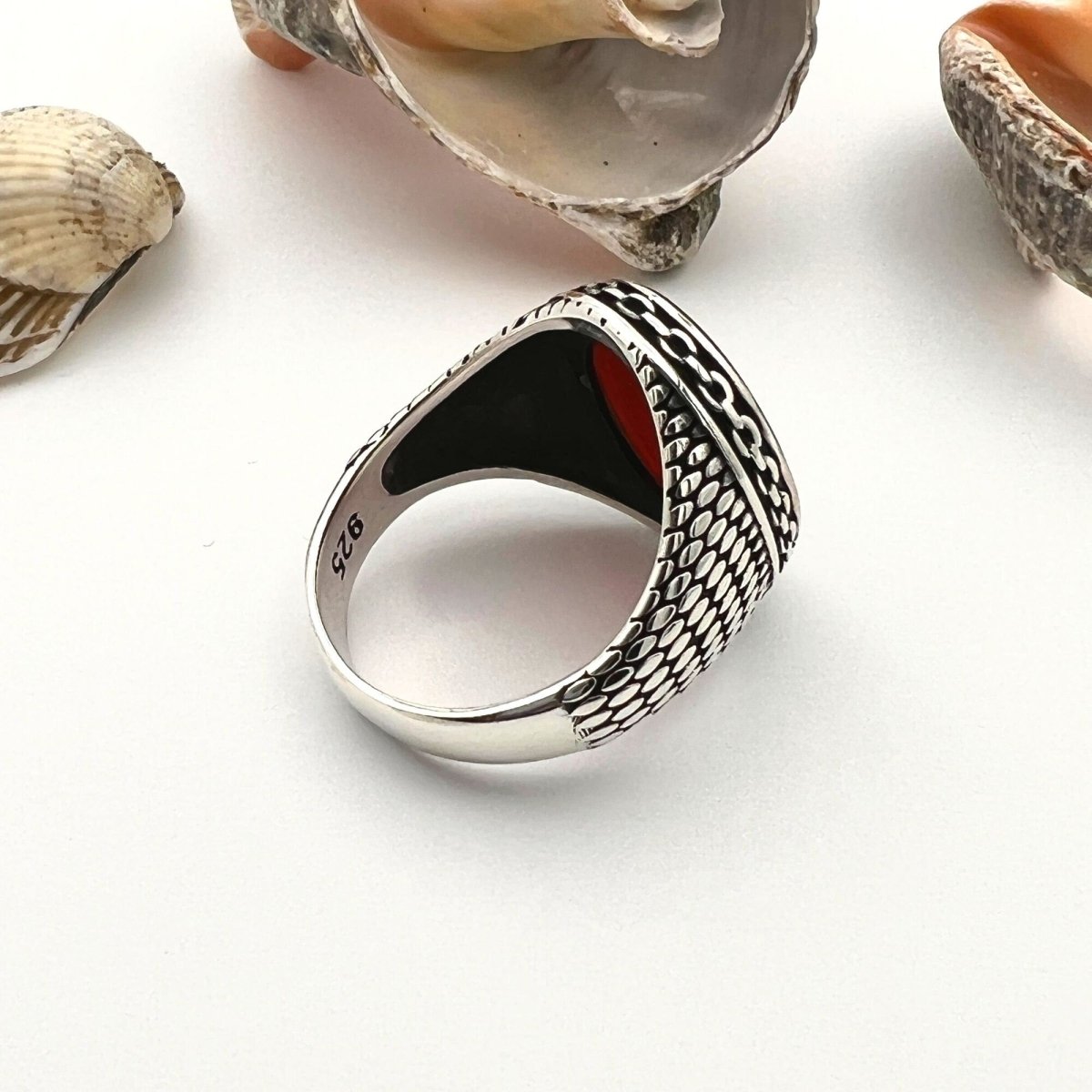 Men's Red Agate Stone Silver Ring