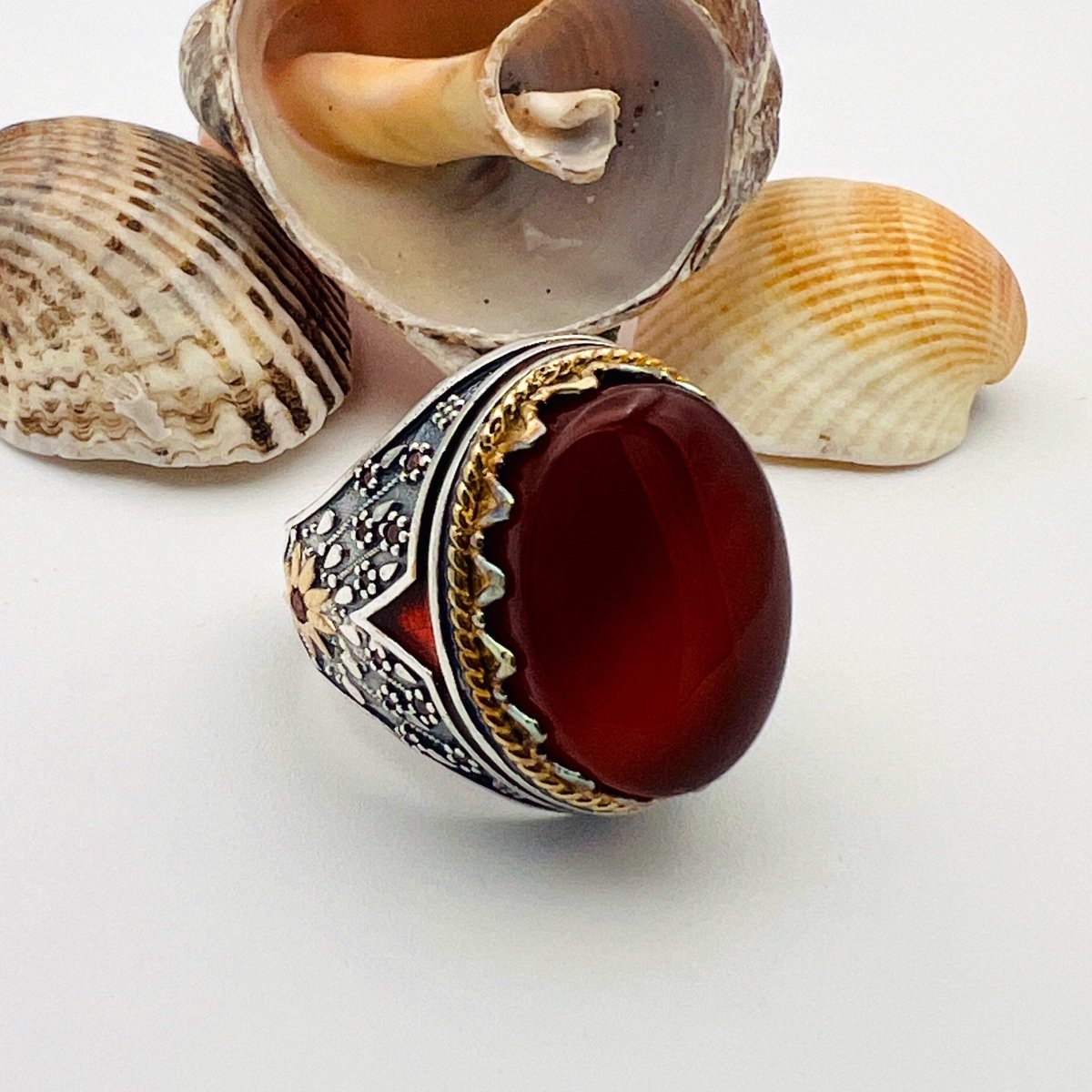 Men's Red Agate Stone Silver Ring