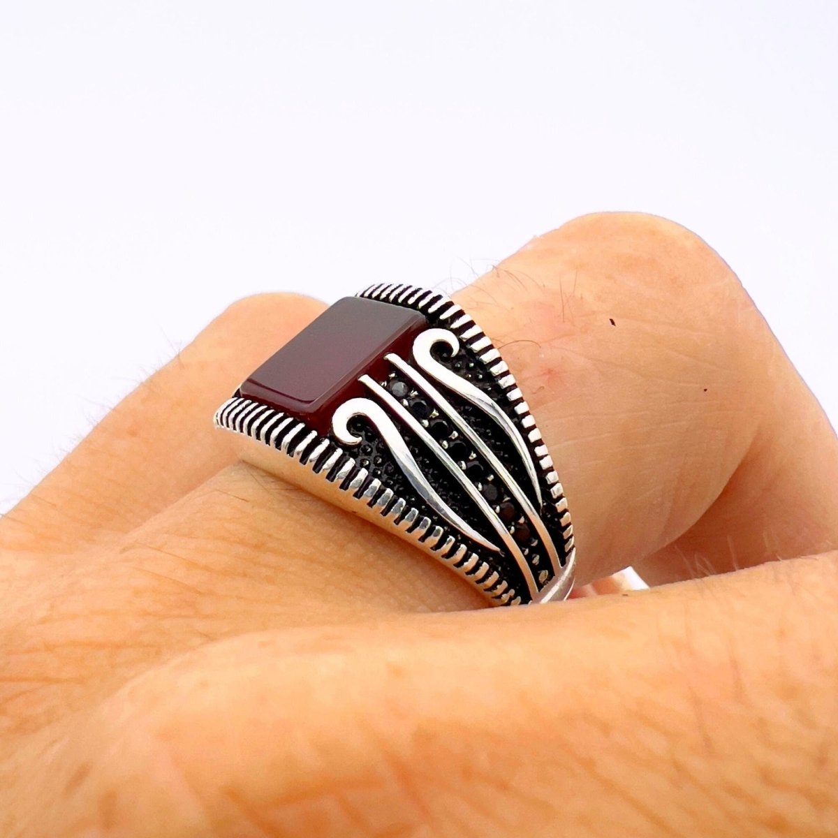 Men's Red Agate Stone Silver Ring