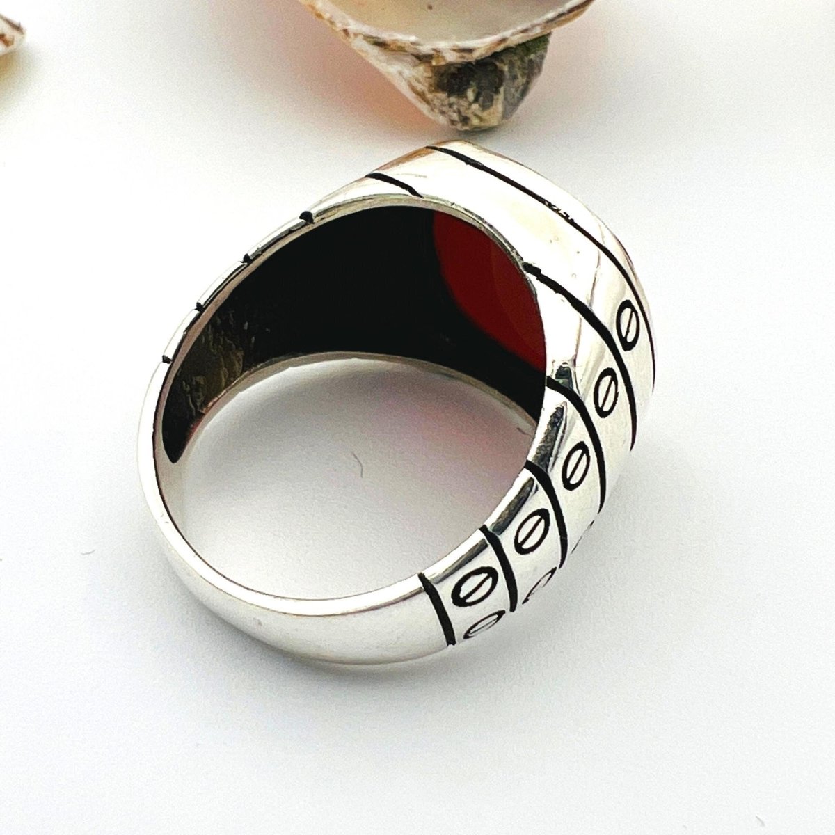 Men's Red Agate Stone Silver Ring