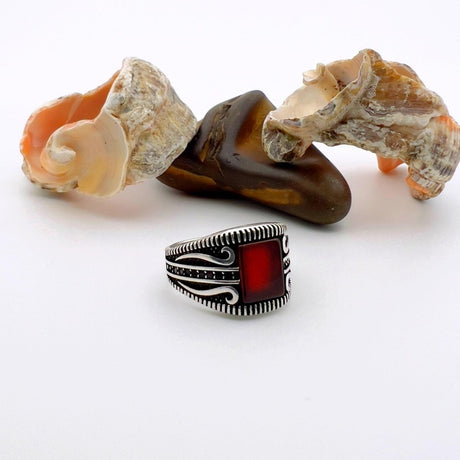 Men's Red Agate Stone Silver Ring