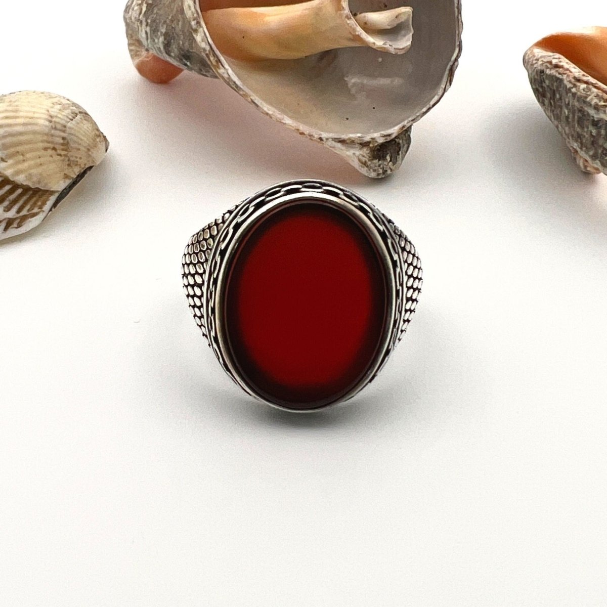 Men's Red Agate Stone Silver Ring