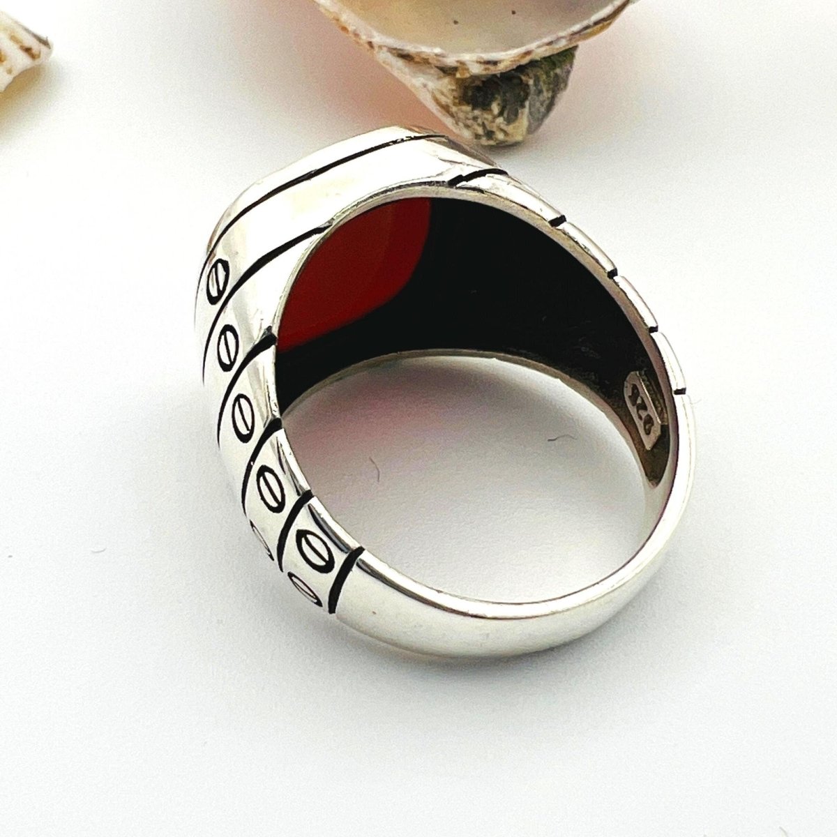 Men's Red Agate Stone Silver Ring