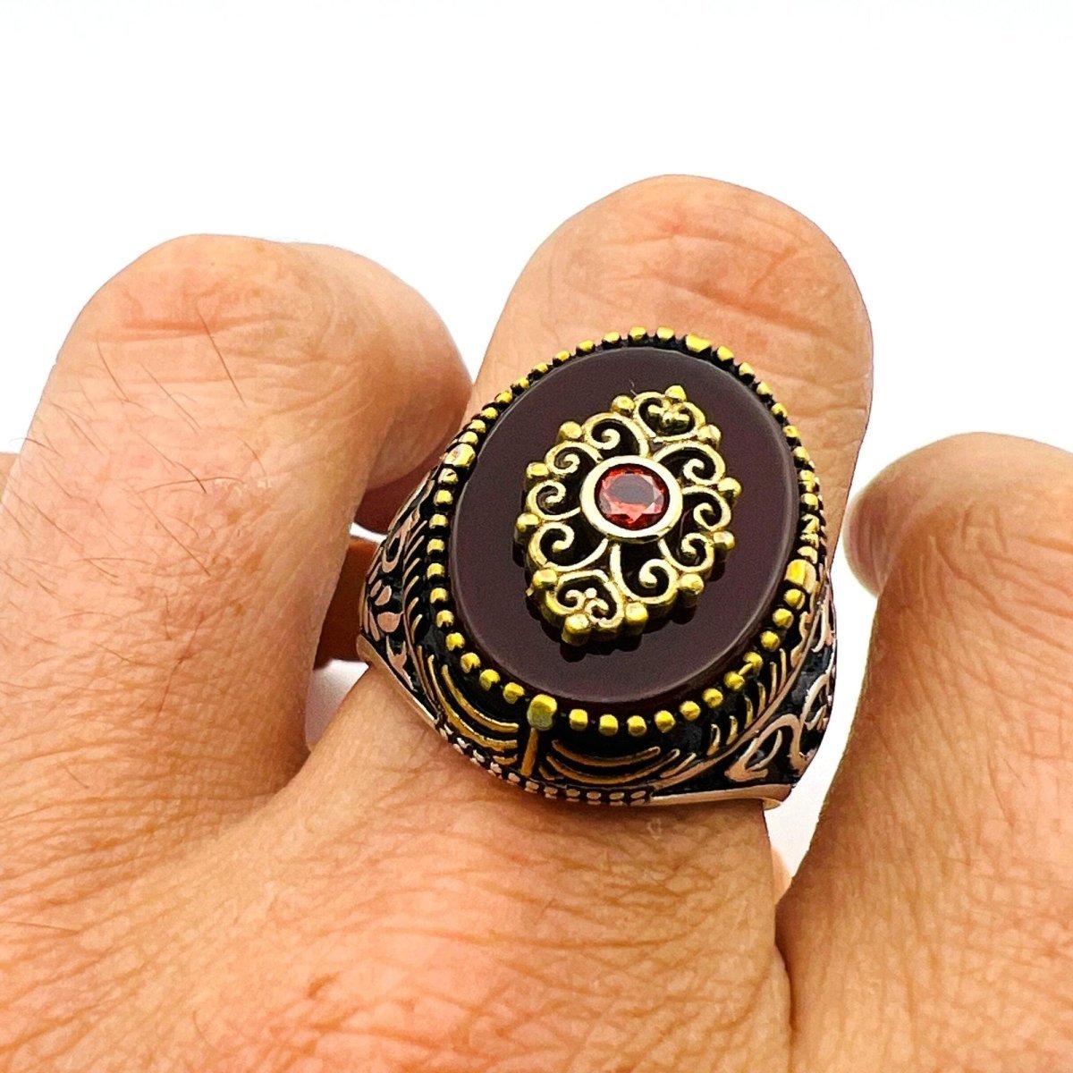 Men's Red Agate Stone Silver Ring