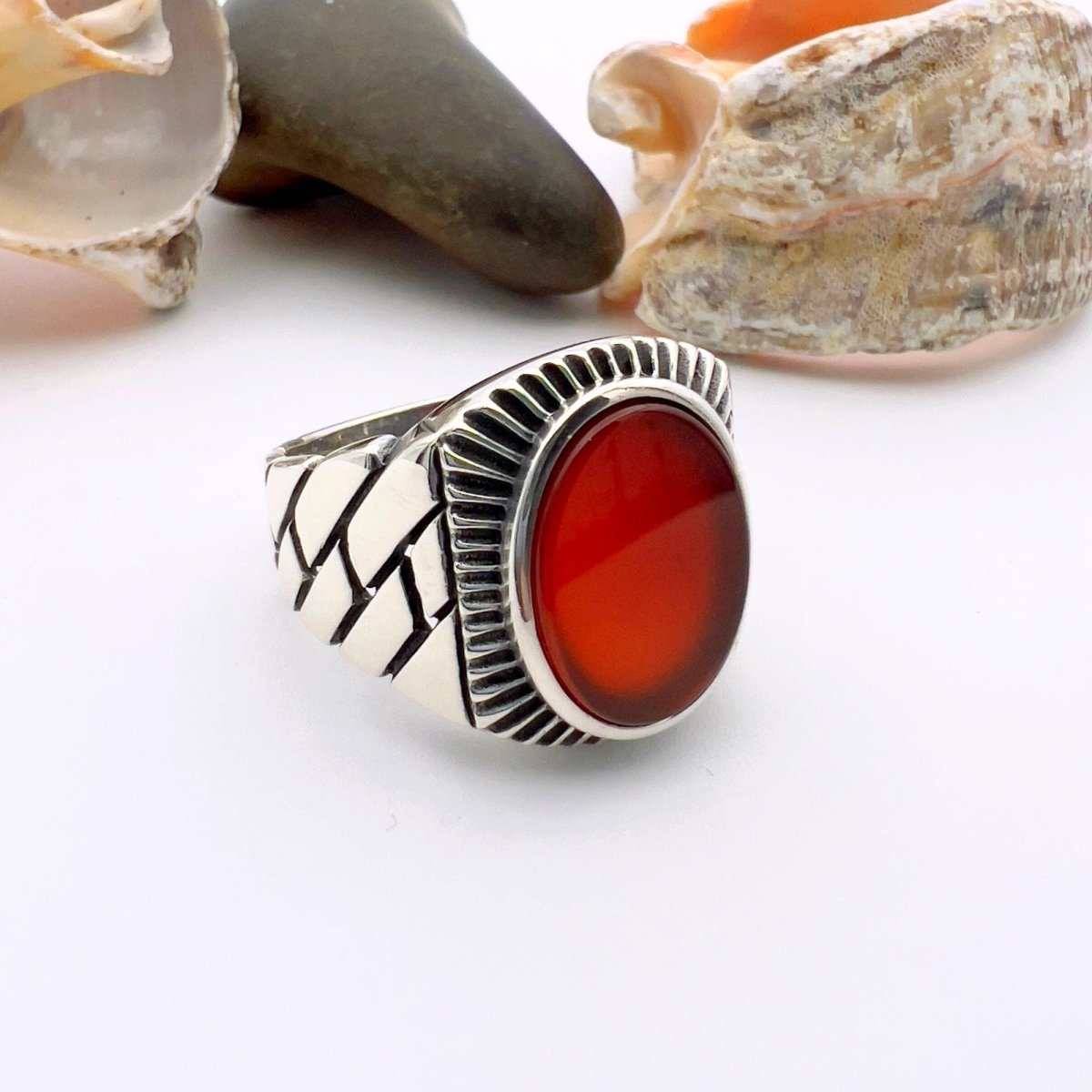 Men's Red Agate Stone Silver Ring