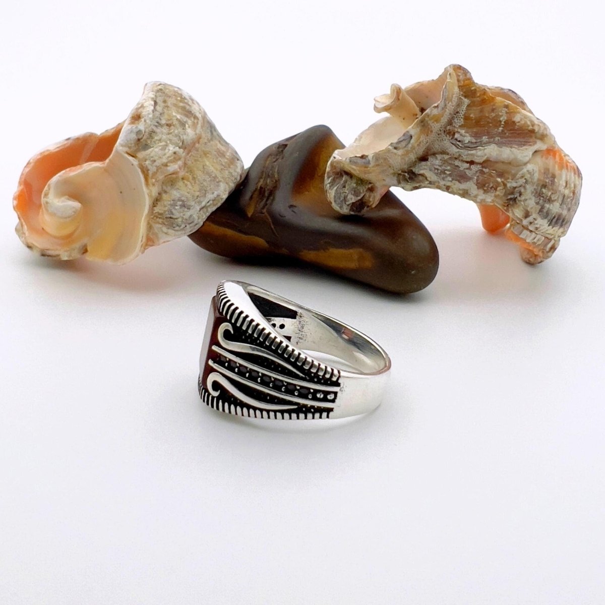 Men's Red Agate Stone Silver Ring