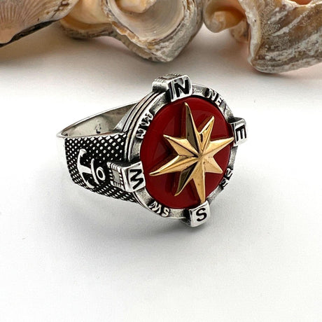 Men's Red Agate Stone Silver Ring