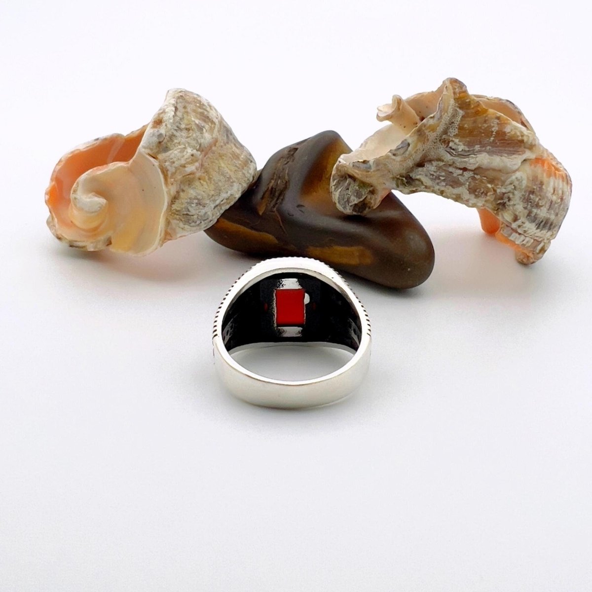 Men's Red Agate Stone Silver Ring