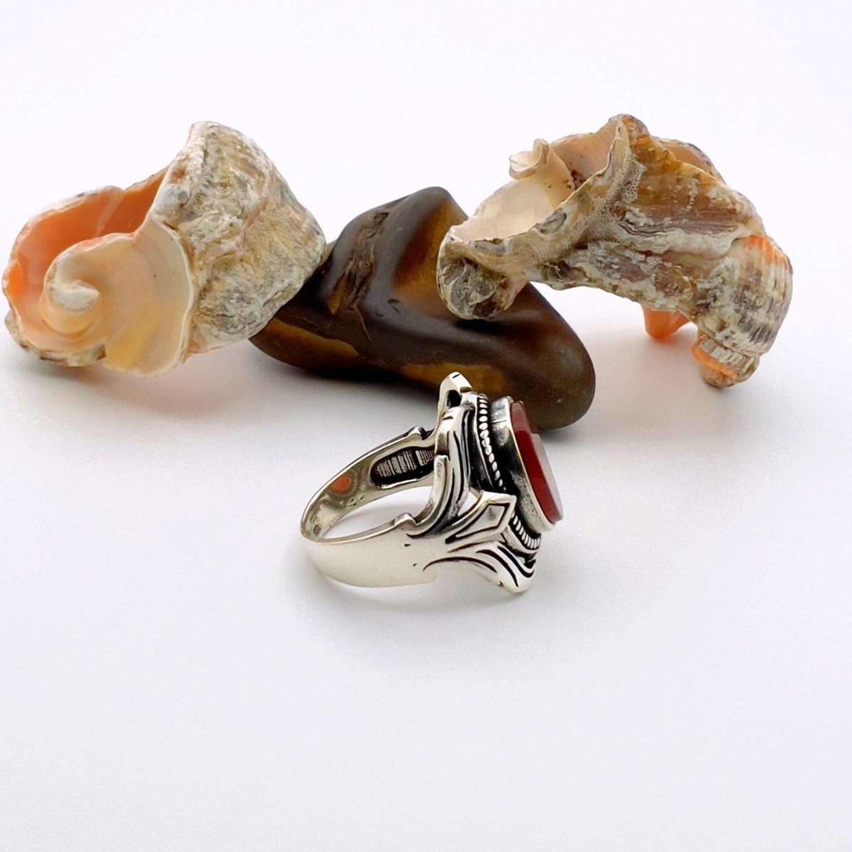 Men's Red Agate Stone Silver Ring