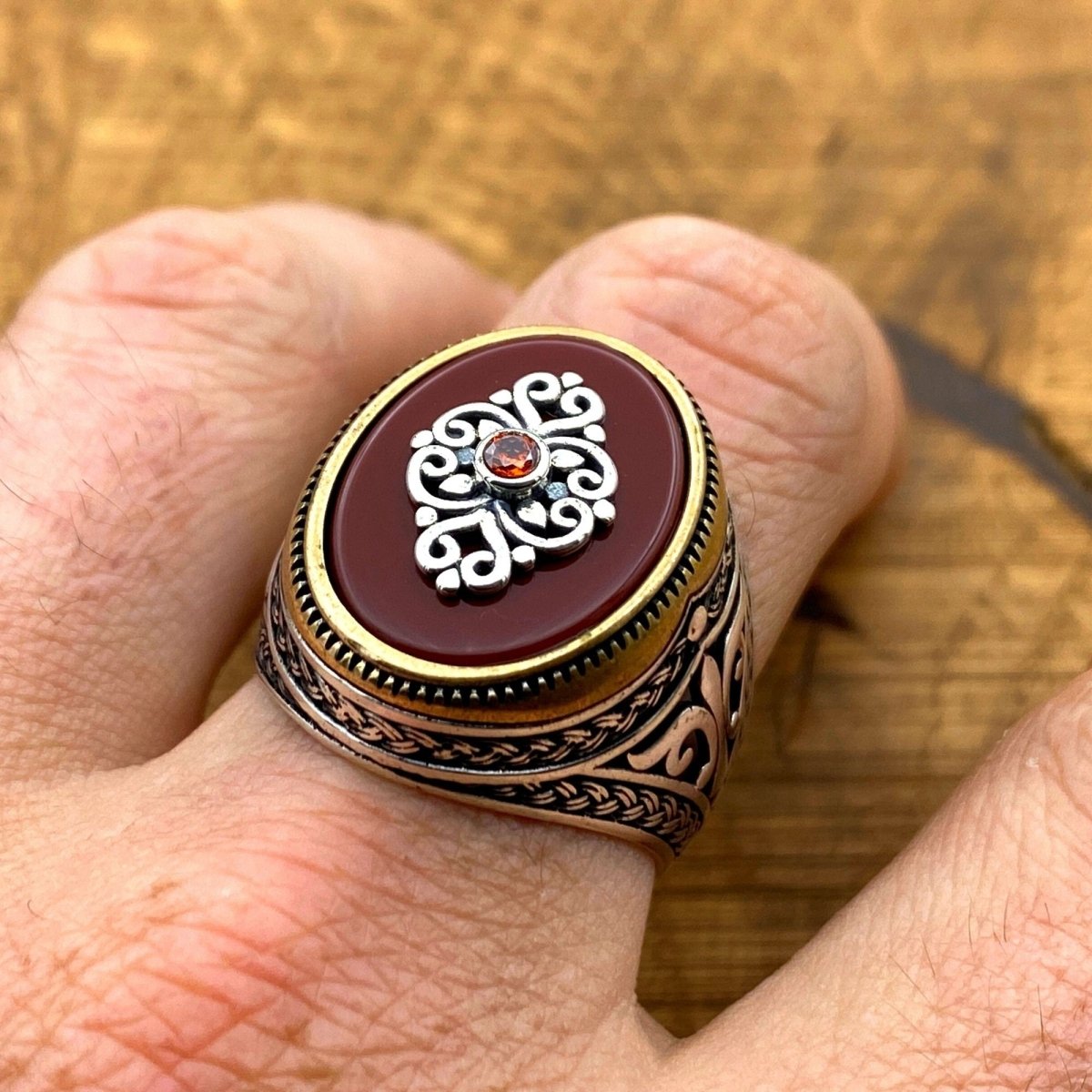 Men's Red Agate Stone Silver Ring