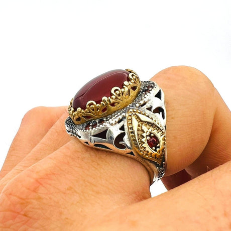 Men's Red Agate Stone Silver Ring