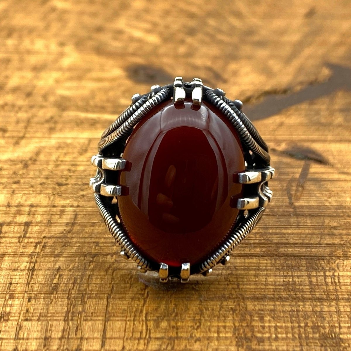 Men's Red Agate Stone Silver Ring