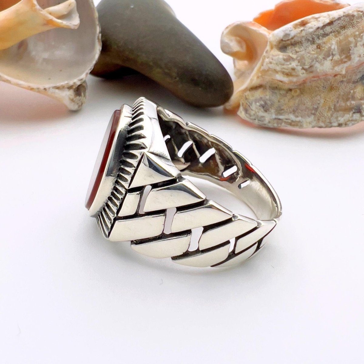 Men's Red Agate Stone Silver Ring