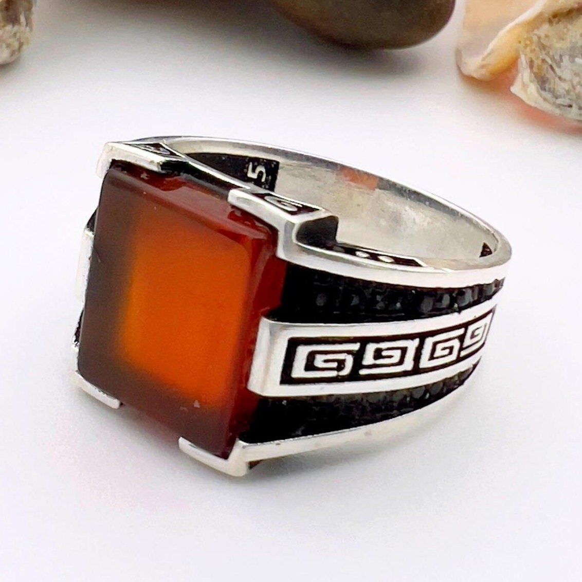 Men's Red Agate Stone Silver Ring