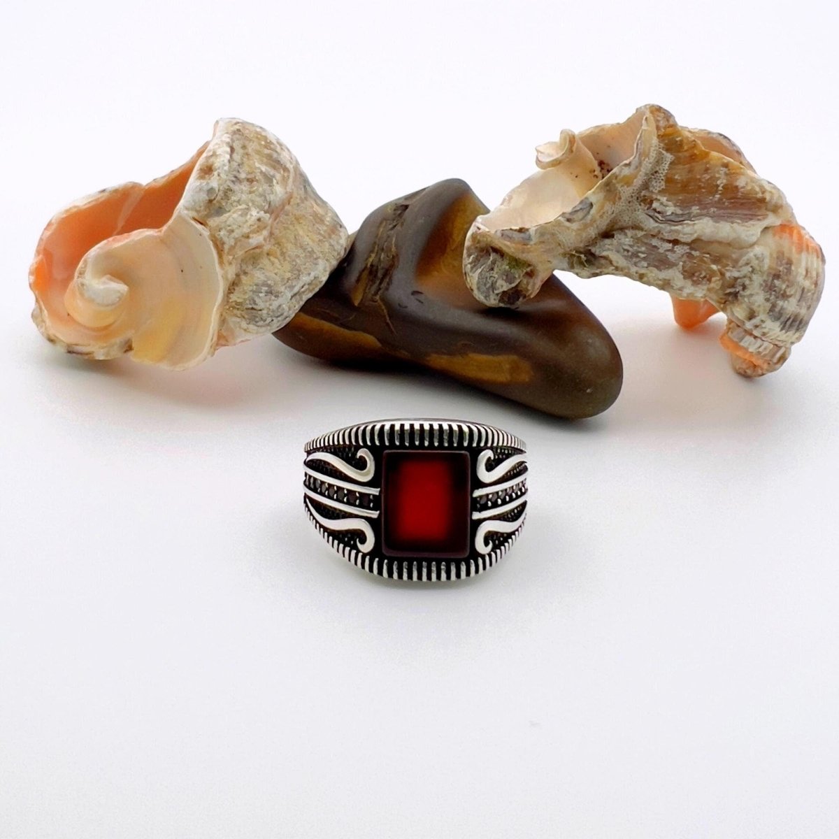 Men's Red Agate Stone Silver Ring - TryAladdin