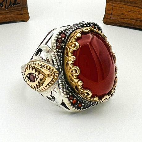 Men's Red Agate Stone Silver Ring