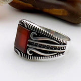 Men's Red Agate Stone Silver Ring