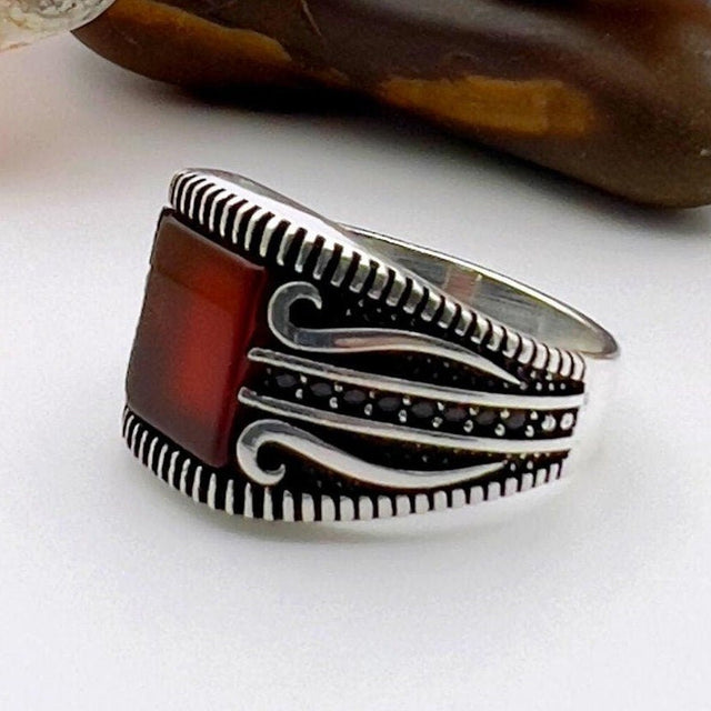 Men's Red Agate Stone Silver Ring