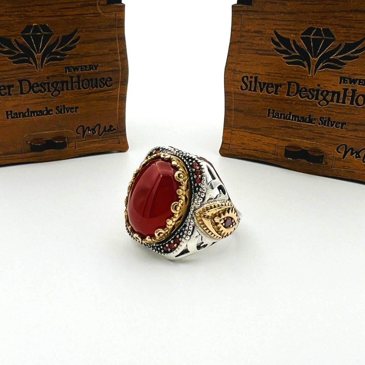 Men's Red Agate Stone Silver Ring