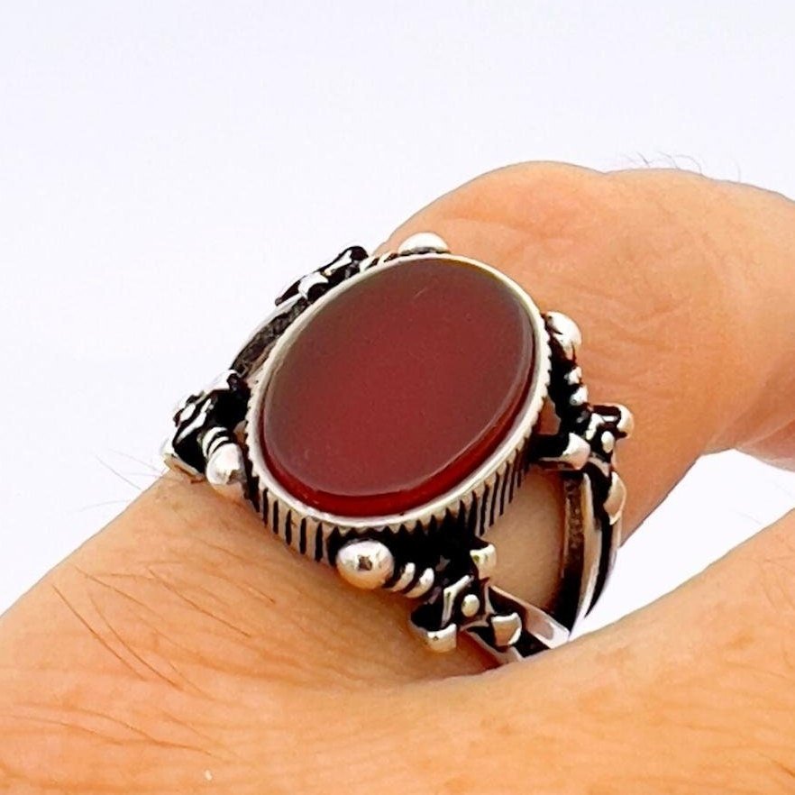 Men's Red Agate Stone Silver Ring