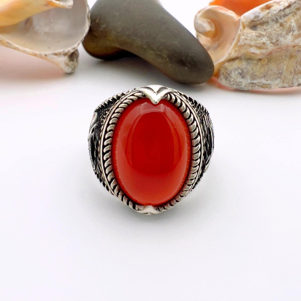 Men's Red Agate Stone Silver Ring