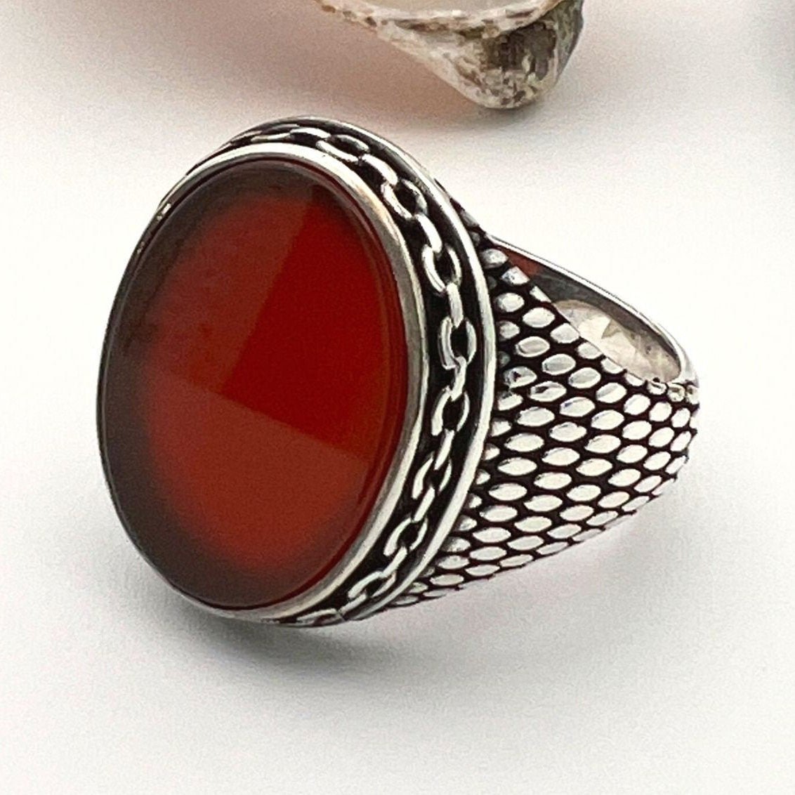 Men's Red Agate Stone Silver Ring