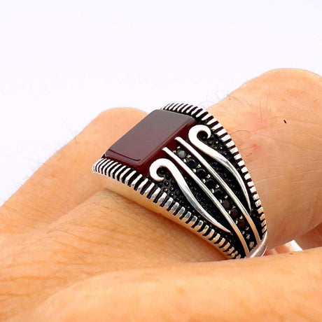 Men's Red Agate Stone Silver Ring