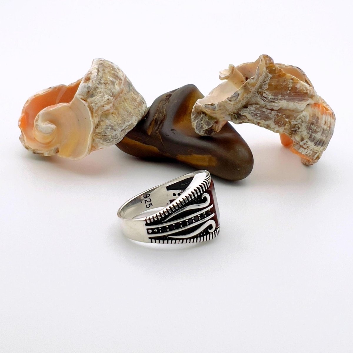 Men's Red Agate Stone Silver Ring