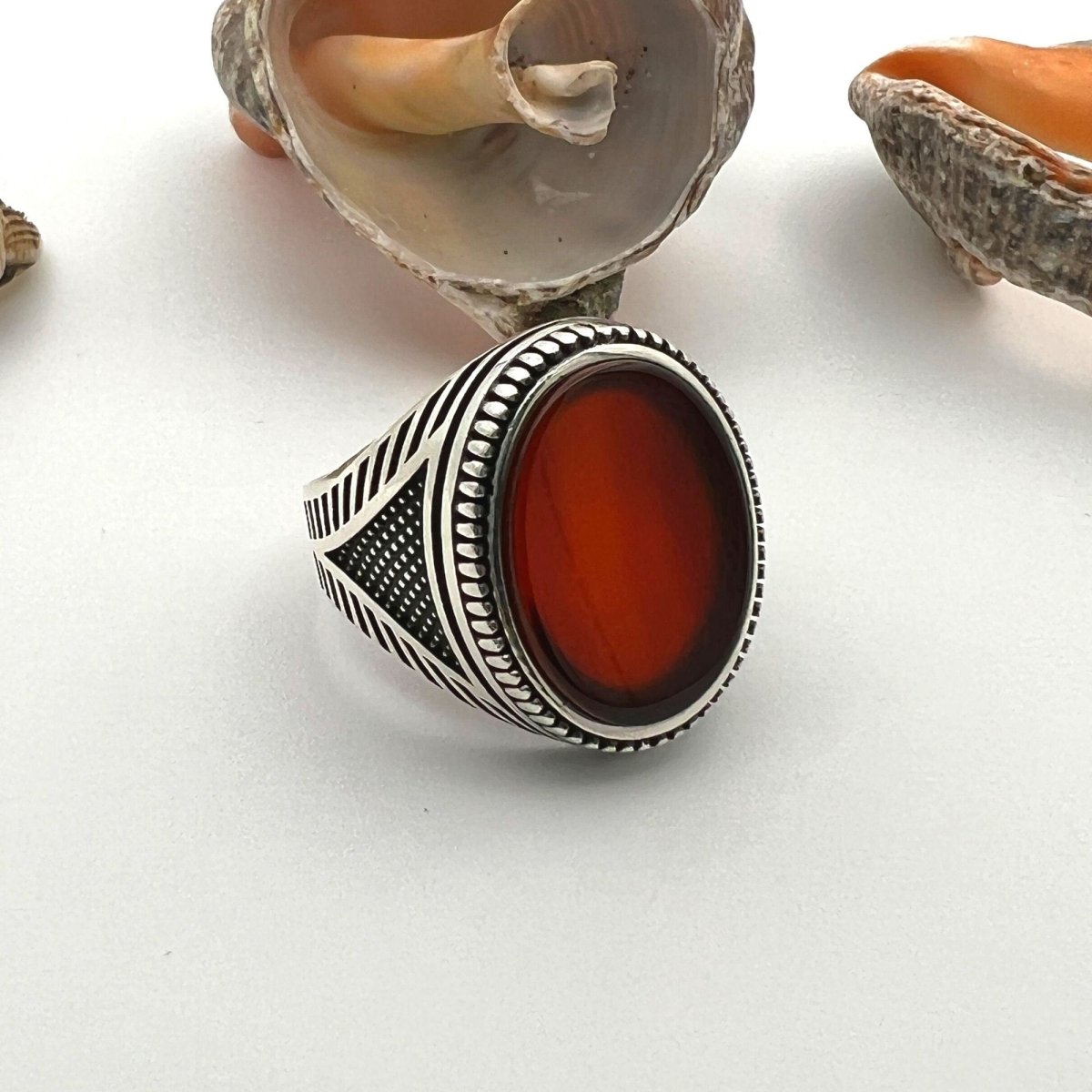 Men's Red Agate Stone Silver Ring