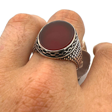 Men's Red Agate Stone Silver Ring