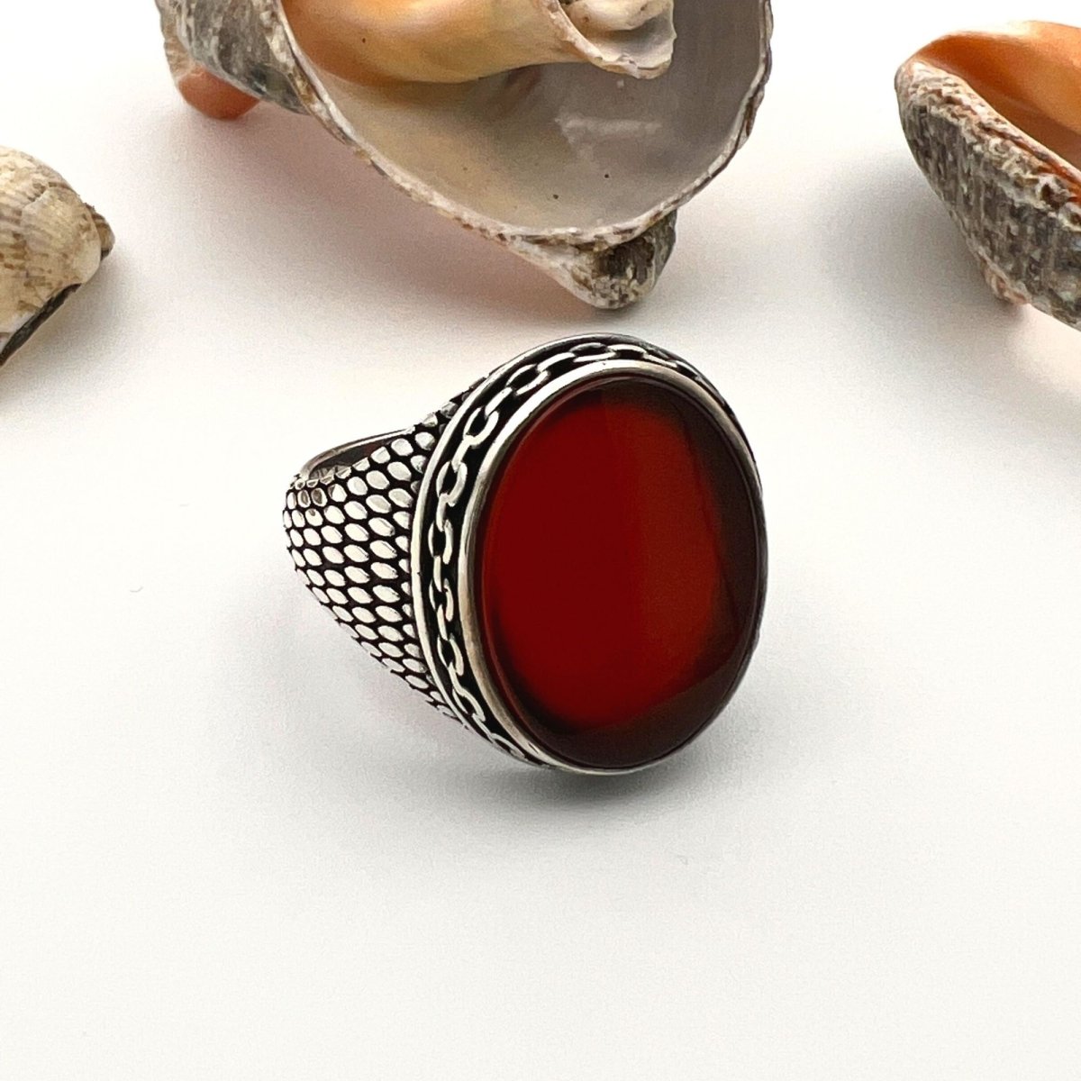 Men's Red Agate Stone Silver Ring