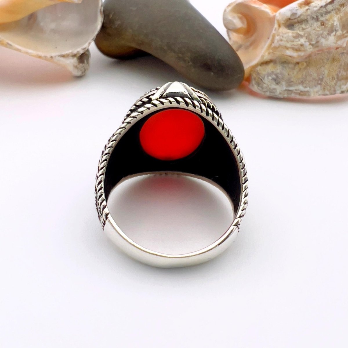 Men's Red Agate Stone Silver Ring