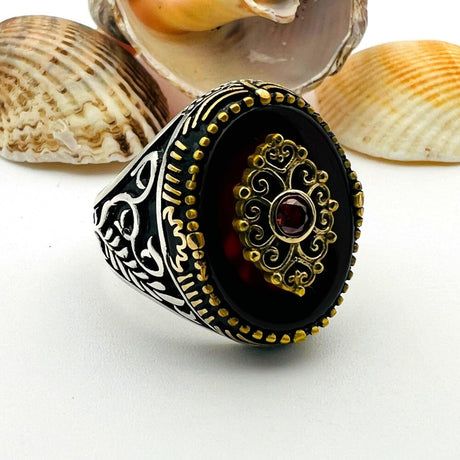 Men's Red Agate Stone Silver Ring