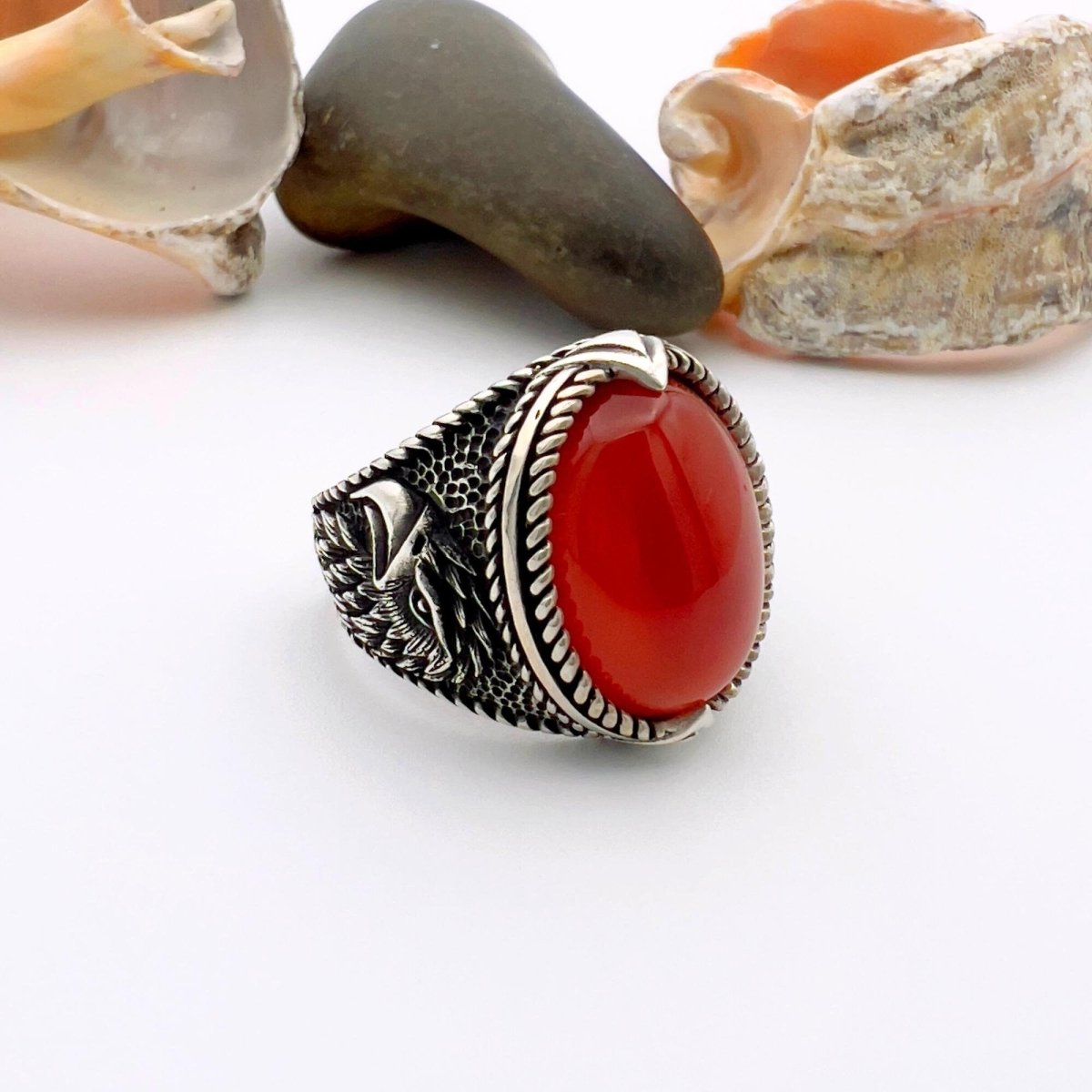 Men's Red Agate Stone Silver Ring