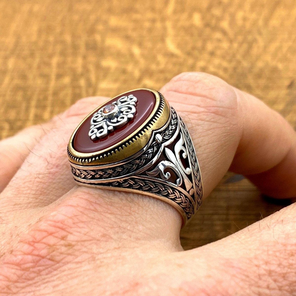 Men's Red Agate Stone Silver Ring