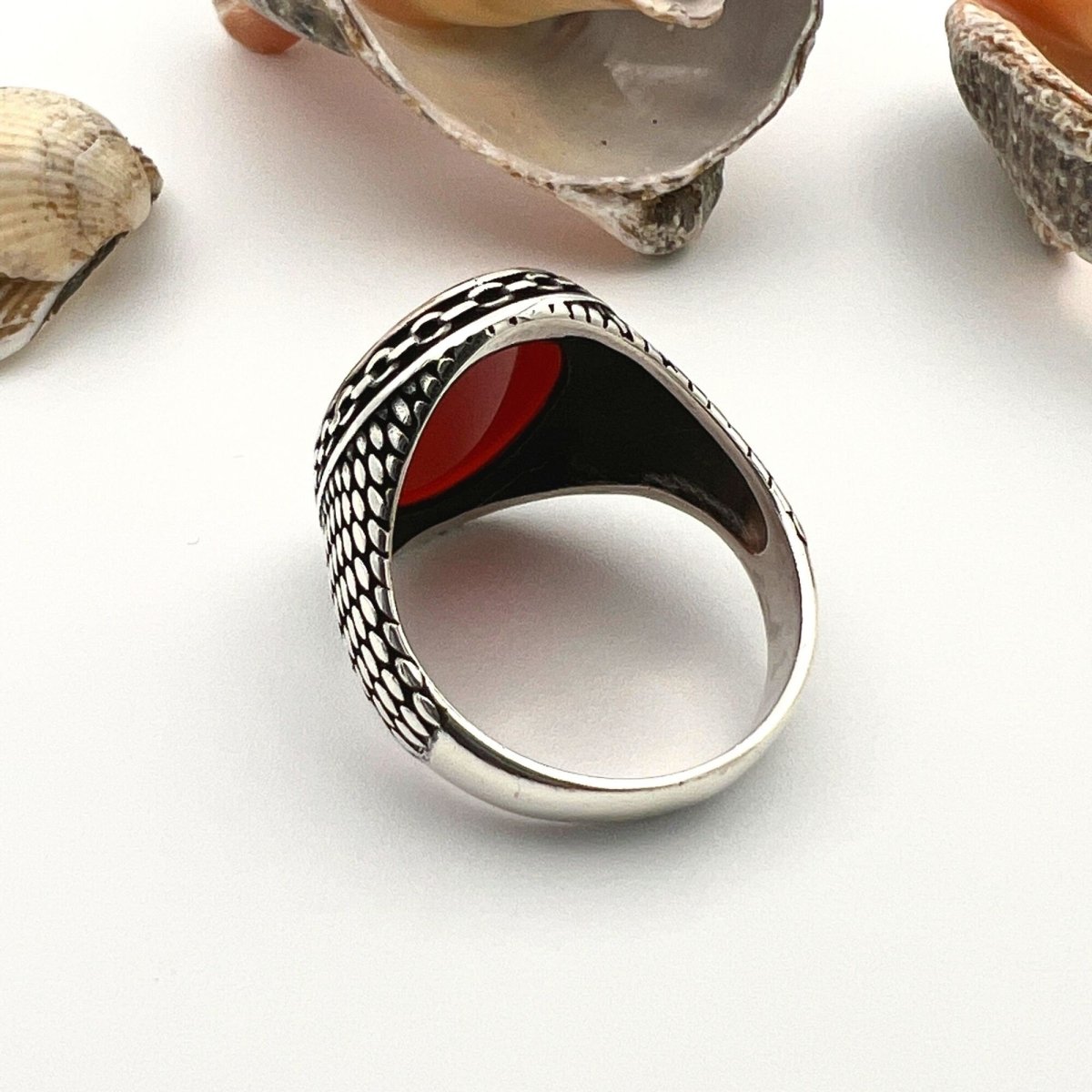 Men's Red Agate Stone Silver Ring