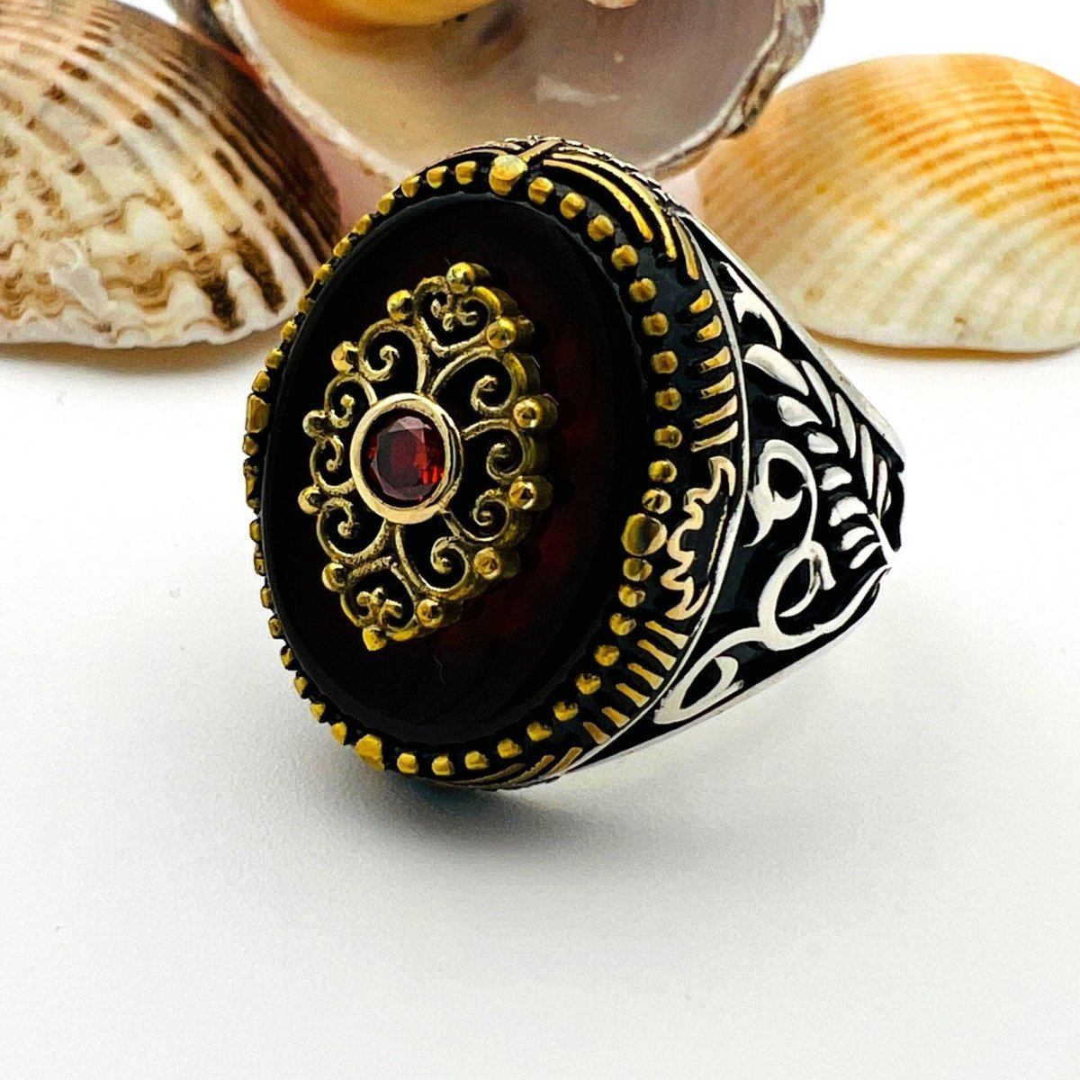 Men's Red Agate Stone Silver Ring