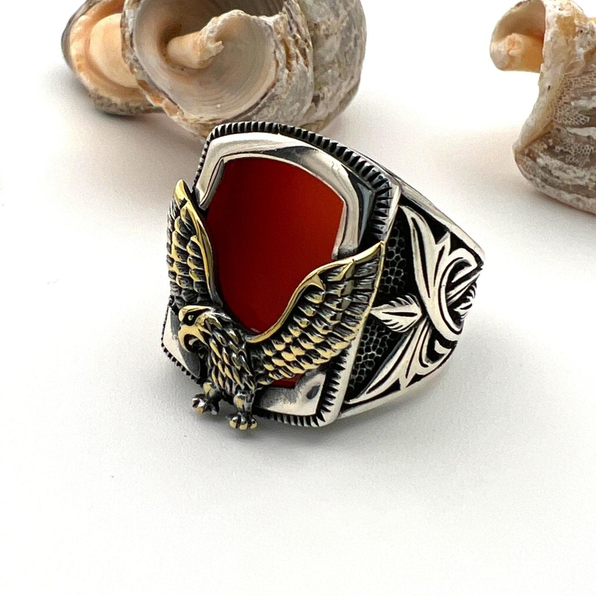 Men's Red Agate Stone Silver Ring