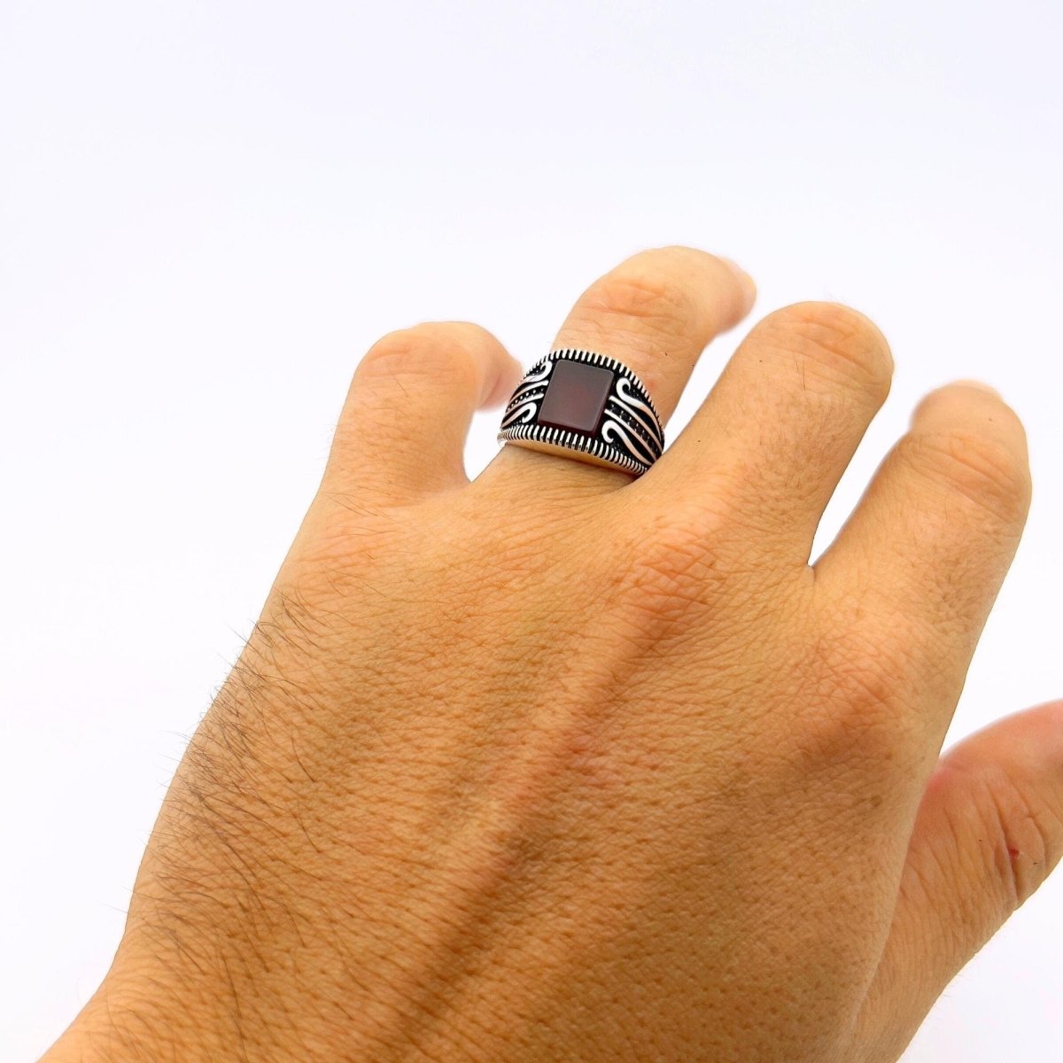 Men's Red Agate Stone Silver Ring