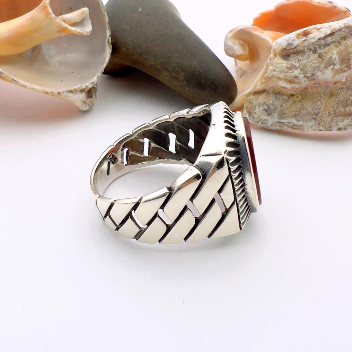 Men's Red Agate Stone Silver Ring