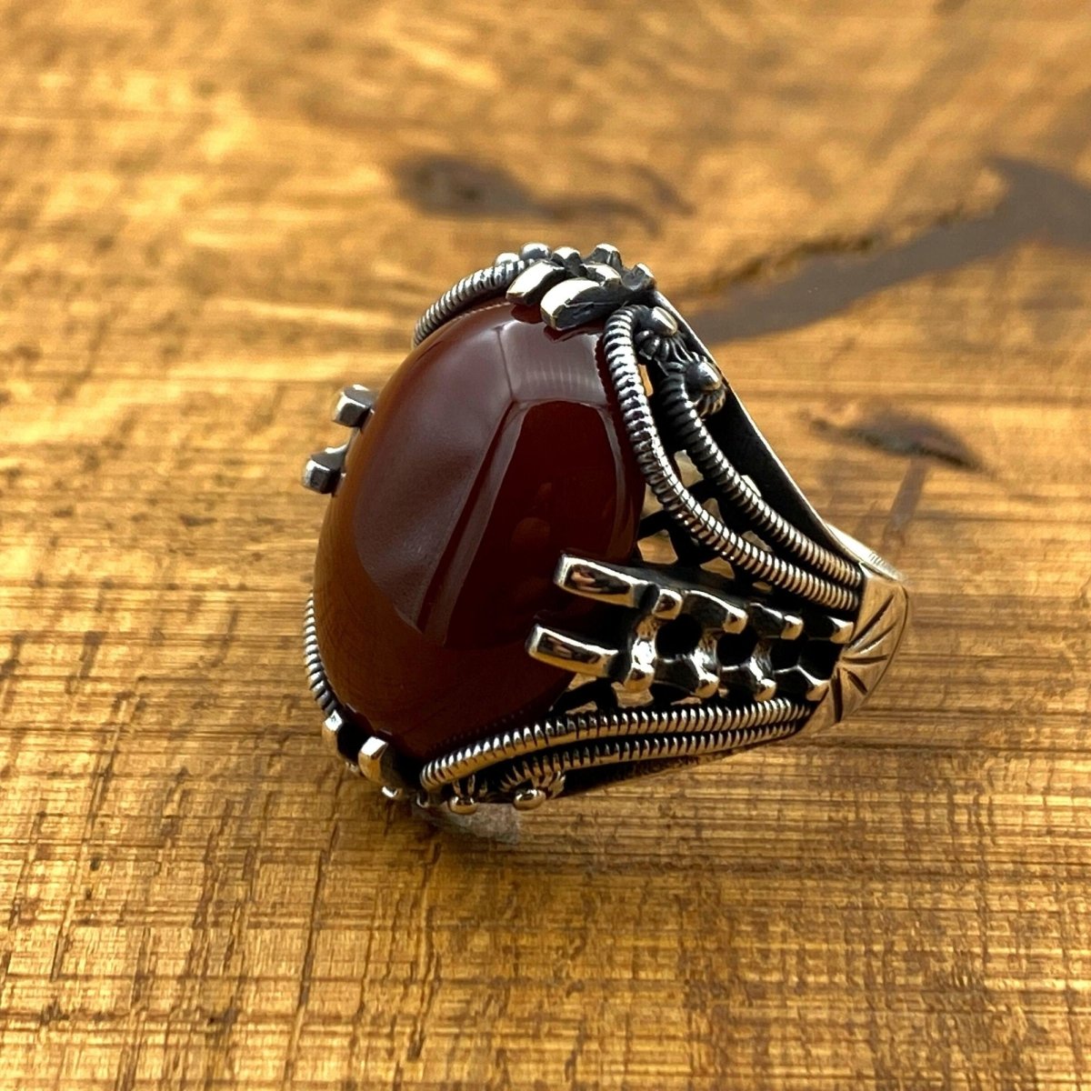 Men's Red Agate Stone Silver Ring