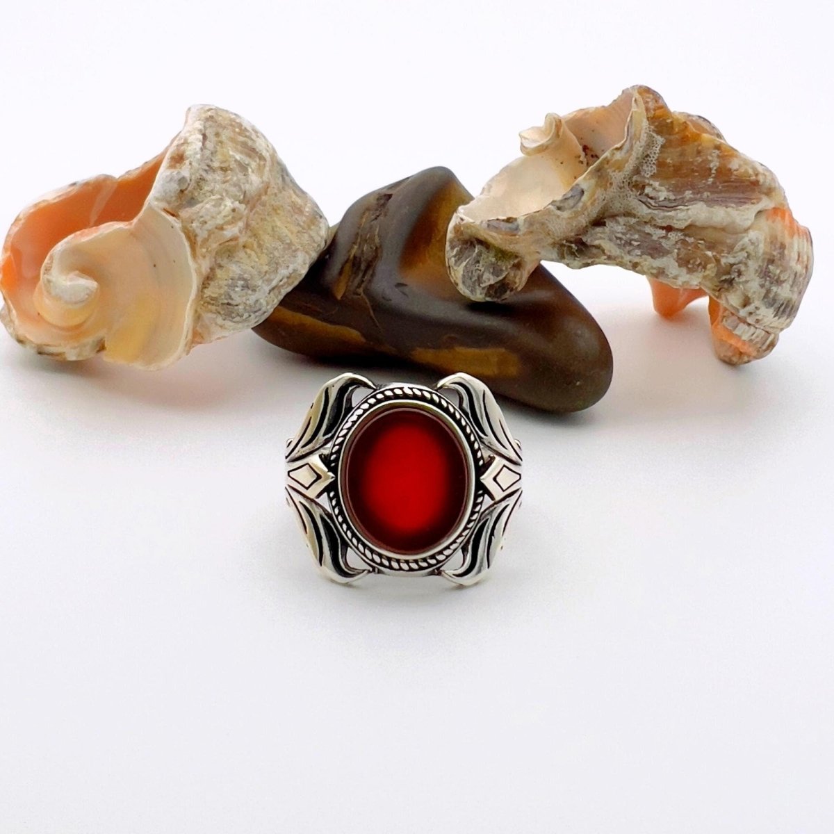 Men's Red Agate Stone Silver Ring