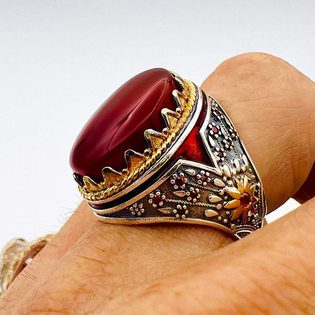 Men's Red Agate Stone Silver Ring