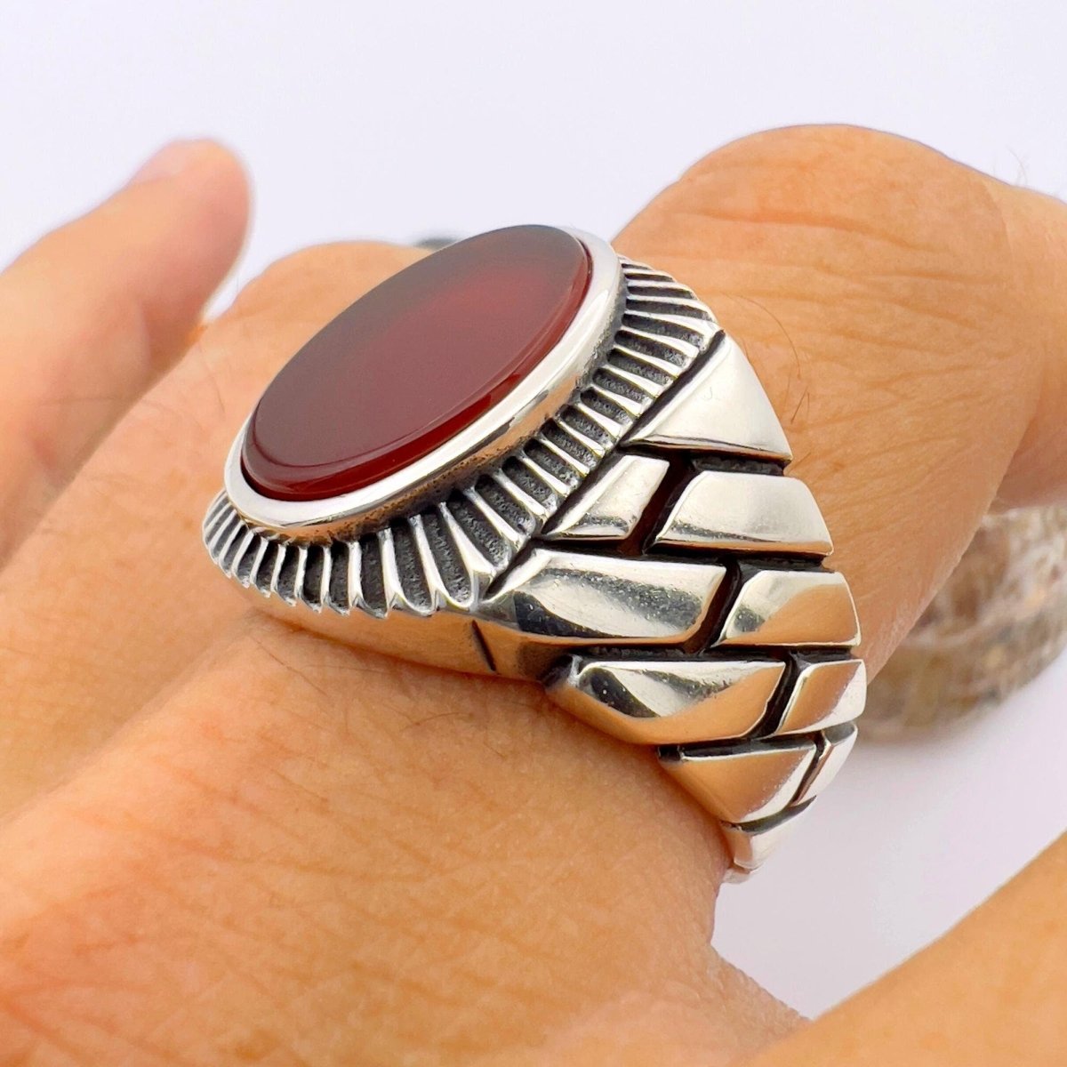 Men's Red Agate Stone Silver Ring