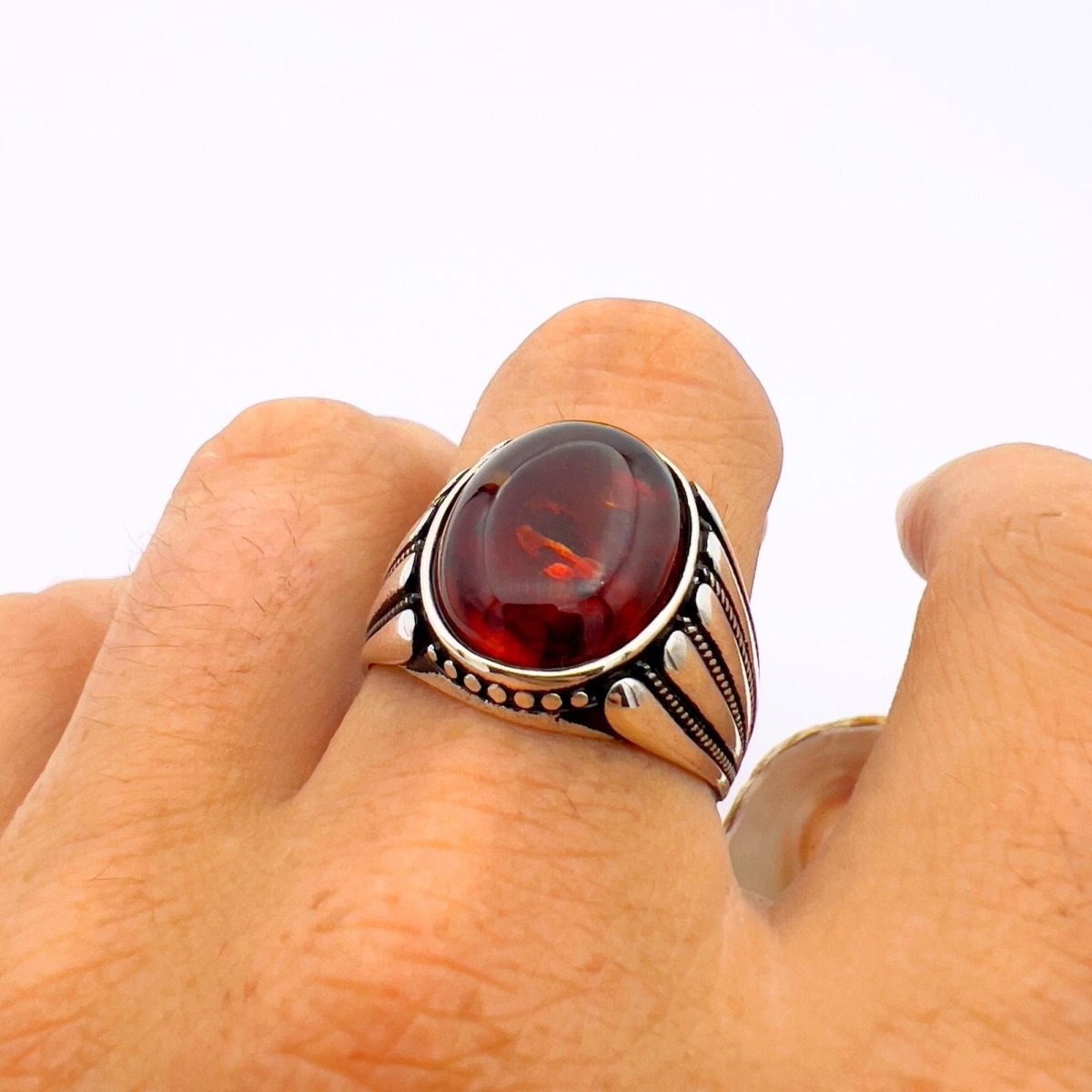 Men's Red Amber Stone Silver Ring