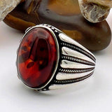 Men's Red Amber Stone Silver Ring