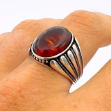 Men's Red Amber Stone Silver Ring