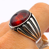 Men's Red Amber Stone Silver Ring