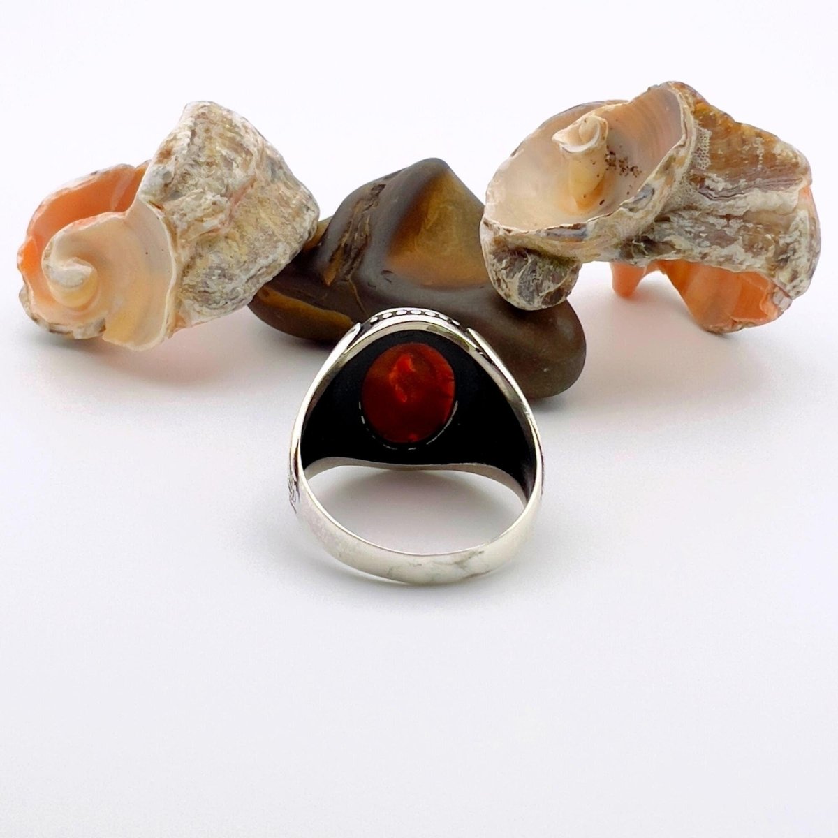 Men's Red Amber Stone Silver Ring